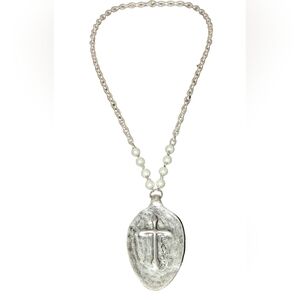 Empire Silver Spoon/Faux White Pearl "Faith" & Cross Opera Chain Clasp Necklace